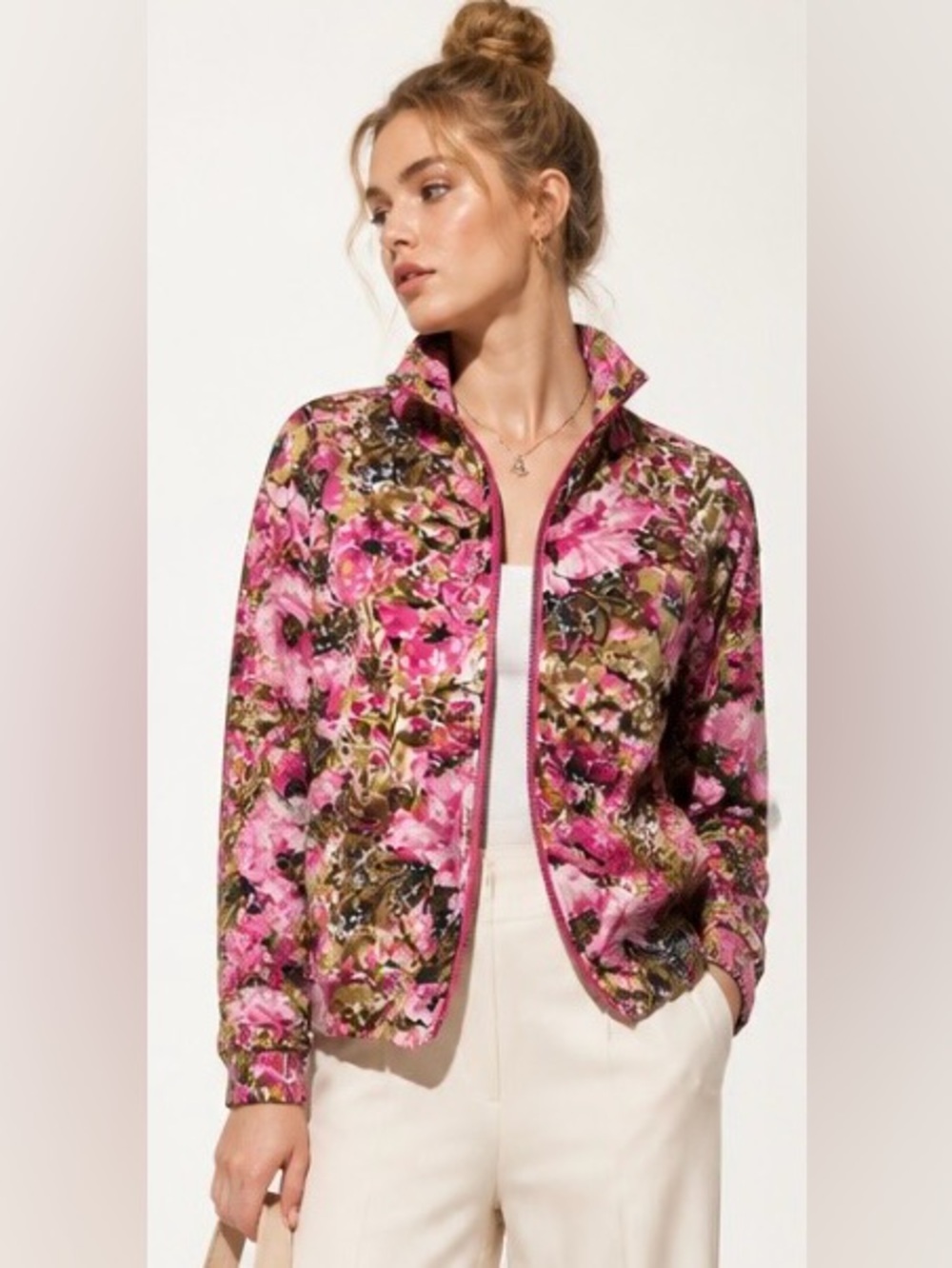 CHICOS Zenergy Jacket Full Zip Pink Green Floral Knit Pockets Mock Neck Soft L